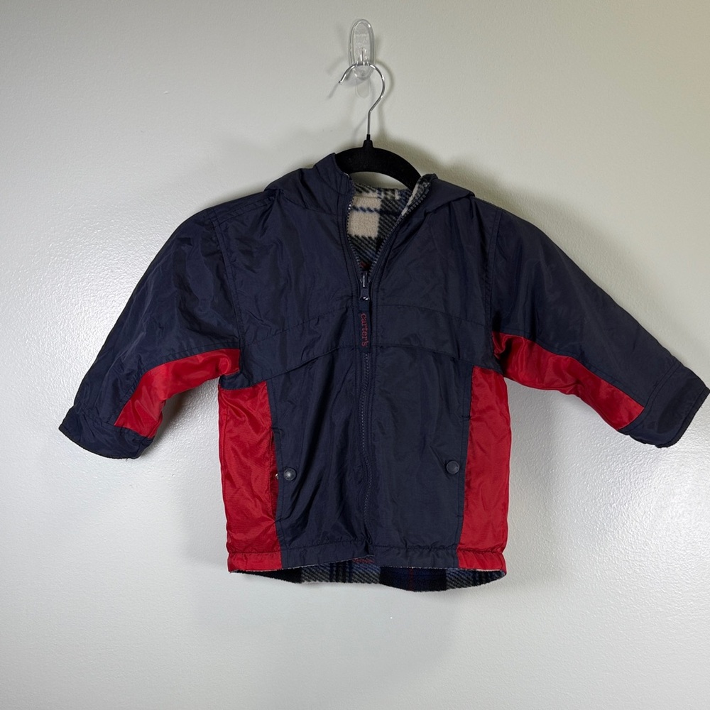 Vintage Carter's Navy and Red Fleece-lined Hooded Coat for Kids Size 3T